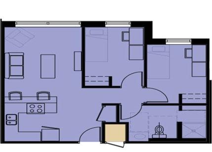 Floor plan of an apartment with living room, kitchen, two bedrooms, and a bathroom.