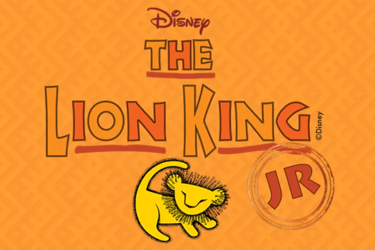 Bright orange promotional graphic for Disney’s The Lion King JR, featuring stylized tribal patterns and a simple yellow illustration of a young lion with a mane, smiling and walking. The title text appears prominently in bold, decorative lettering.