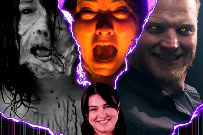 Distorted, screaming faces, a smiling woman, "AD/BREAK" on a broken screen effect.