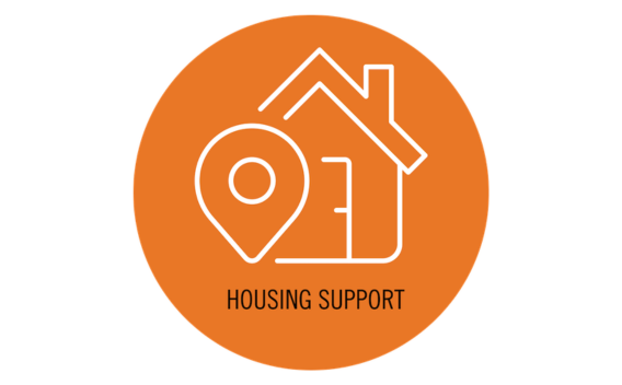 Graphic: Orange circle with white house and location pin icon, text 'HOUSING SUPPORT'.