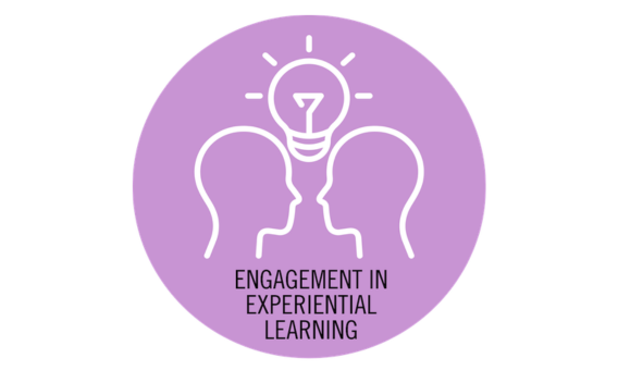 Graphic: Two head profiles facing, lightbulb above, for experiential learning.