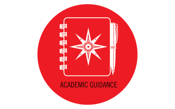 Red icon of a notebook with a compass rose, and a pen.