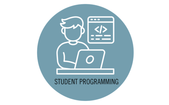 Graphic: Person coding on a laptop, with a code window icon.