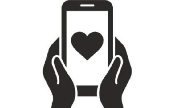 Graphic of hands holding a smartphone with a heart icon on the screen.