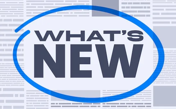 Graphic: "WHAT'S NEW" in dark text, framed by a blue oval on a newspaper pattern.