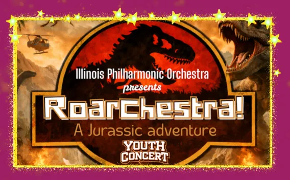 RoarChestra! A Jurassic adventure youth concert graphic with T-Rex.