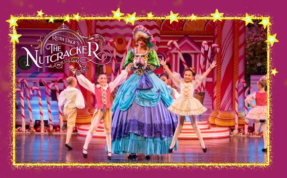 "Ruth Page’s "The Nutcracker" logo above a stage scene with a colorful performer, child dancers, candy set.