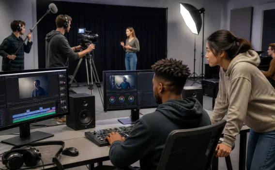 Students working on a video production in a studio