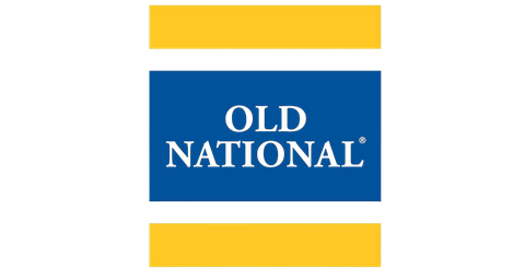 Logo for Old National featuring white text inside a blue square with two horizontal yellow bars above and below