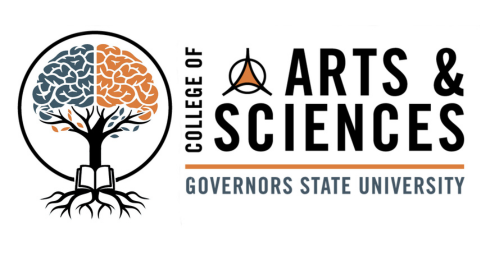 Logo for College of Arts & Sciences Governors State University. Tree with a brain and books